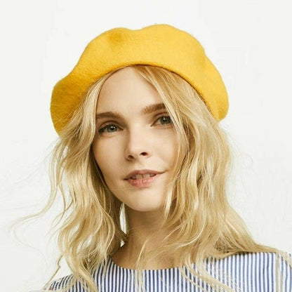 Boina de lã sintética quente de inverno feminina meninas artista francesa gorro chapéu vermelho preto roxo bege laranja Kawaii bonés de topo plano aquecedores