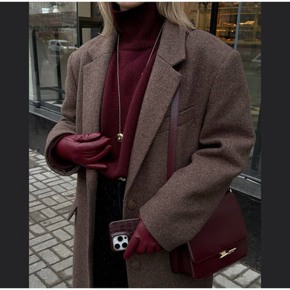 Women Shoulder Pad Wool Long Coats Fashion Lapel Single-breasted Long Sleeve Coat Chic 2025 Autumn Lady Commute Street Outerwear