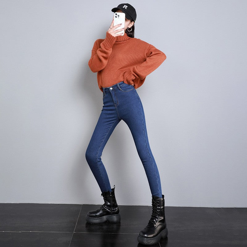New Women Thermal Jeans Winter Snow Warm Plush Stretch Jeans Lady Skinny Thicken Students Denim Pants Fleece Mom Fur Trousers