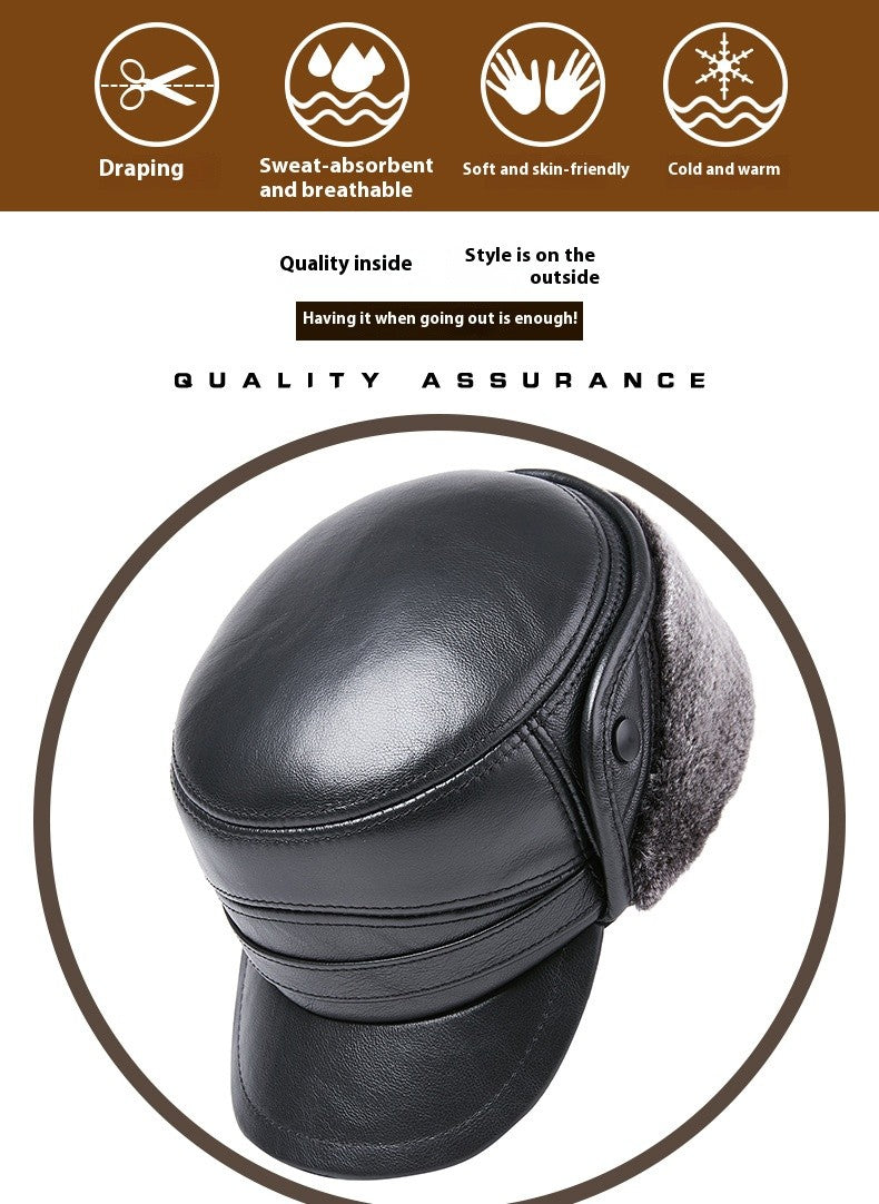 Men's Genuine Leather Duckbill Hat Winter Thickened Warm Outdoor Earflap Cotton Cap Elderly Real Leather Hat Cowhide Warm