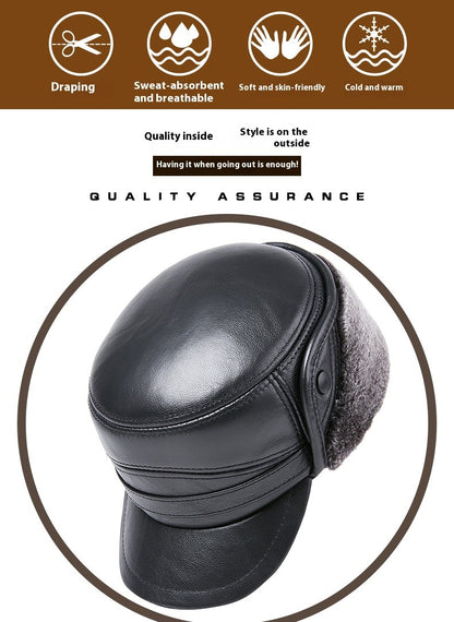 Men's Genuine Leather Duckbill Hat Winter Thickened Warm Outdoor Earflap Cotton Cap Elderly Real Leather Hat Cowhide Warm