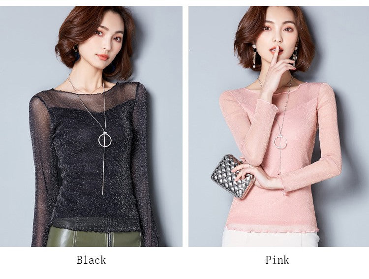 2025 Glitter Mesh Blouse Sexy Womens Shirts Long Sleeve Tops Korean Black Pink O-Neck Elegant Slim Blouse Camisas Femininas