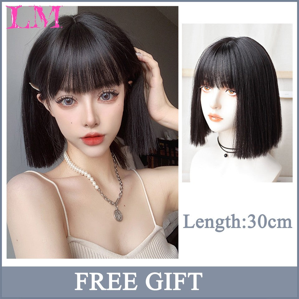 LM Medium Length Pink Cosplay Wig Heat Resistant Costume Party Synthetic Wigs 2 Clip On Ponytail 7 Colors