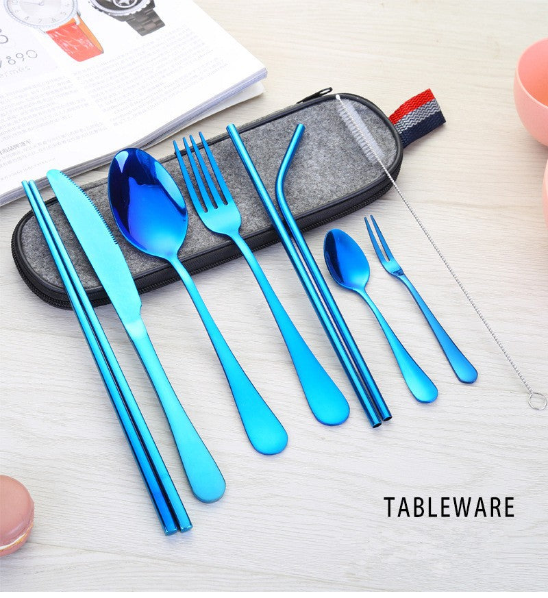 Conjunto de Talheres de Aço Inoxidável, Portátil, Faca, Garfo, Colher, Hashi, Canudo, Ocidental, Presente de Viagem, Conjunto de 9 Peças