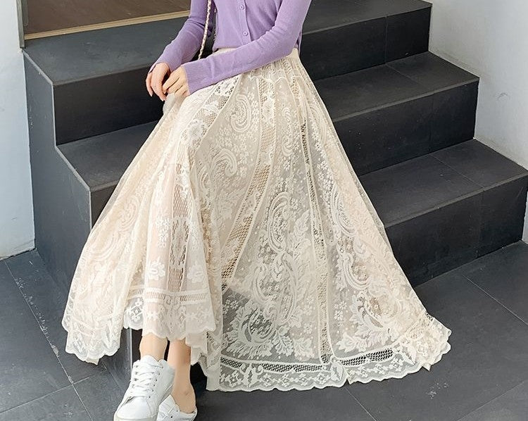 Plus Size plus Size Lace Hollow out f Skirt mid Waist Long Sle Fairy Skirt A-Line Umbrella Skirt Trendy Women's Clothing