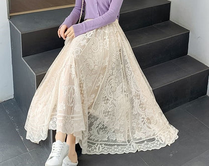 Plus Size plus Size Lace Hollow out f Skirt mid Waist Long Sle Fairy Skirt A-Line Umbrella Skirt Trendy Women's Clothing