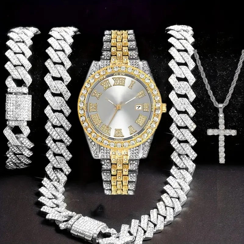 4pcs/set Mens Bling Wrist Watch & Hip Hop Cuban Chain Necklace Set - Rhinestone Accented, Round Dial, Electronic Quartz Movement