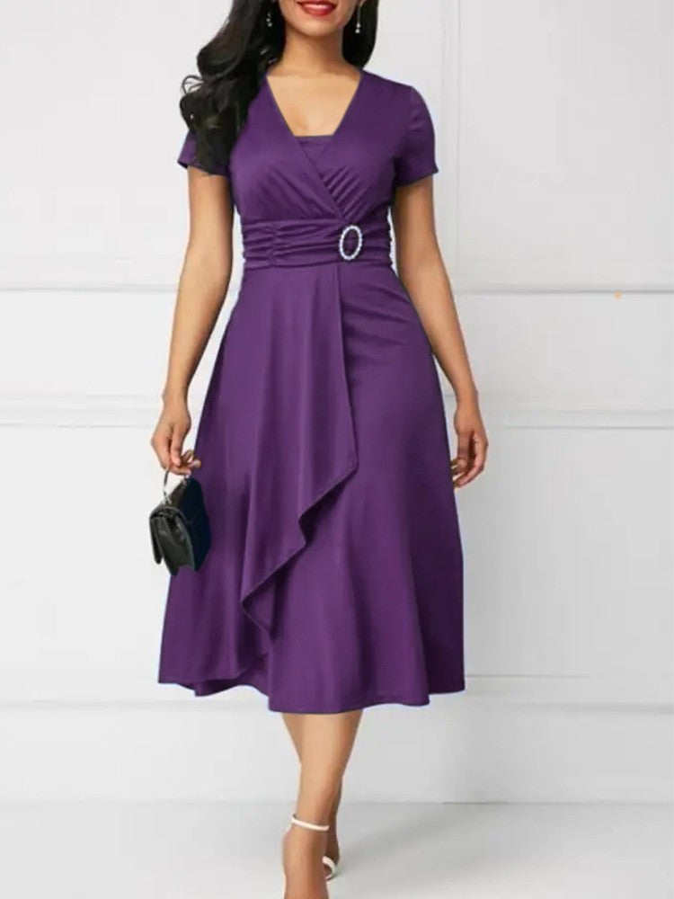 Summer Dresses Elegant Women Solid Color Short Sleeve V Neck Asymmetric Hem Wais