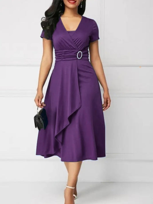 Summer Dresses Elegant Women Solid Color Short Sleeve V Neck Asymmetric Hem Wais