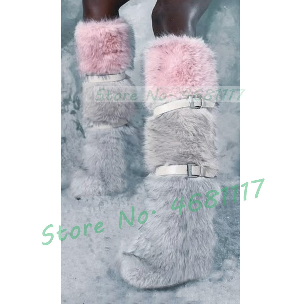 Colorblock Fur Platform Wedge Boots Women Sweet Belt Buckle Below The Knee Snow Boots Cool Girls Winter Punk Round Toe Shoes