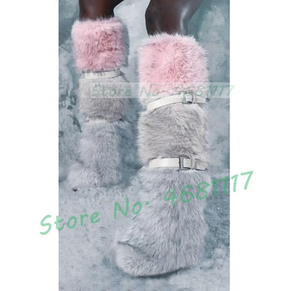 Colorblock Fur Platform Wedge Boots Women Sweet Belt Buckle Below The Knee Snow Boots Cool Girls Winter Punk Round Toe Shoes