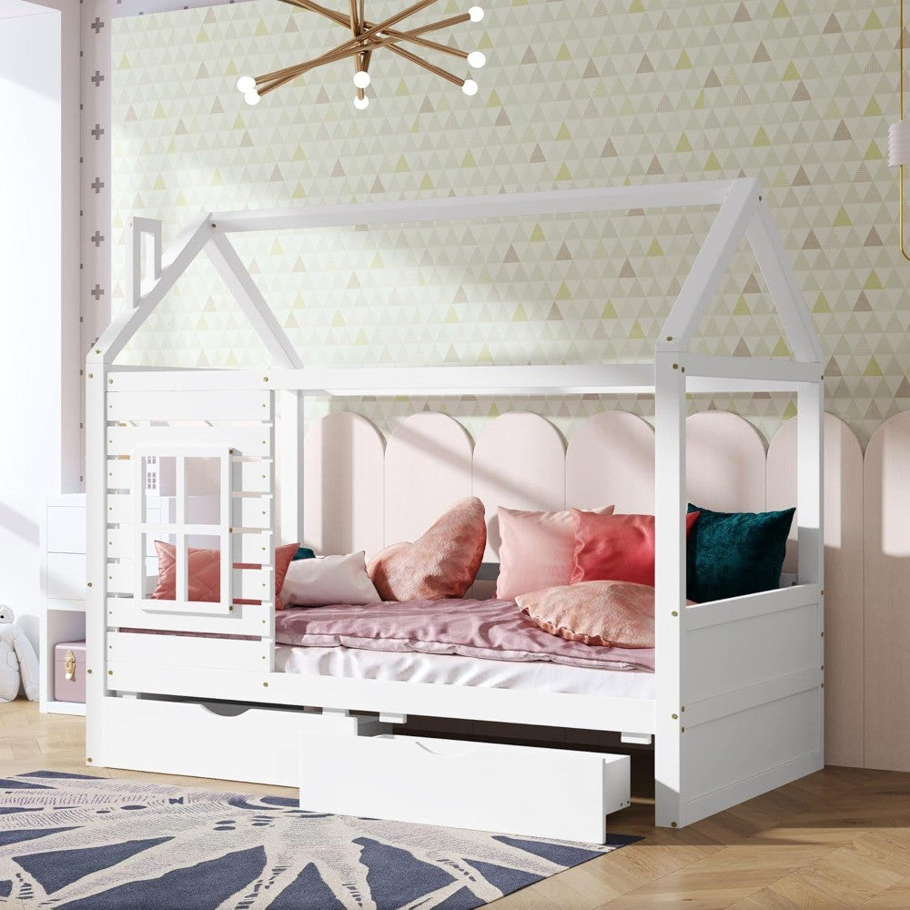 Cama Infantil Aoowow com Cama de Casa de Tamanho de Solteiro e 2 Gavetas, Estrutura de Cama de Madeira de Solteiro com Janela e Telhado para Quarto, Cama Infantil de Tamanho de Solteiro Moderna Pla