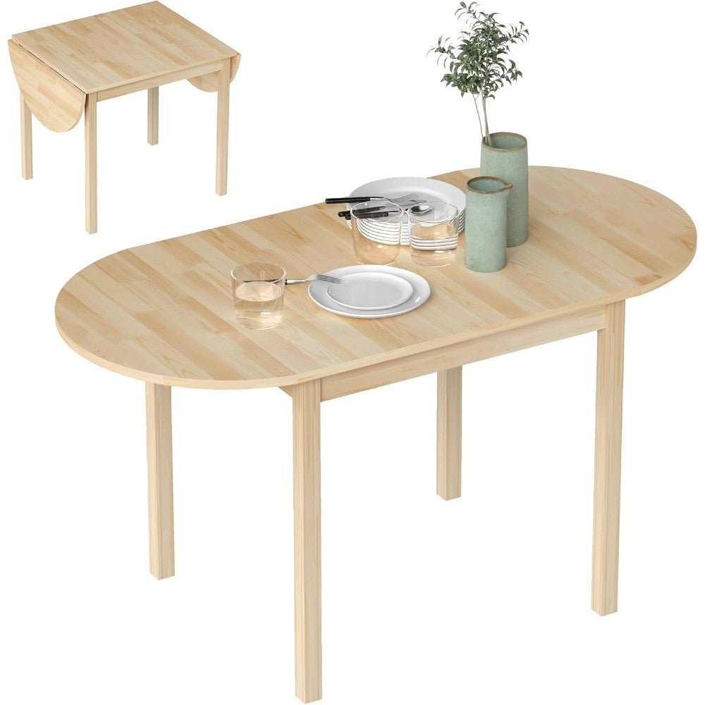 Solid Wood Oval Drop Leaf Dining Table for 4-6 People, Folding Kitchen Table for Small Spaces, Natural Finish