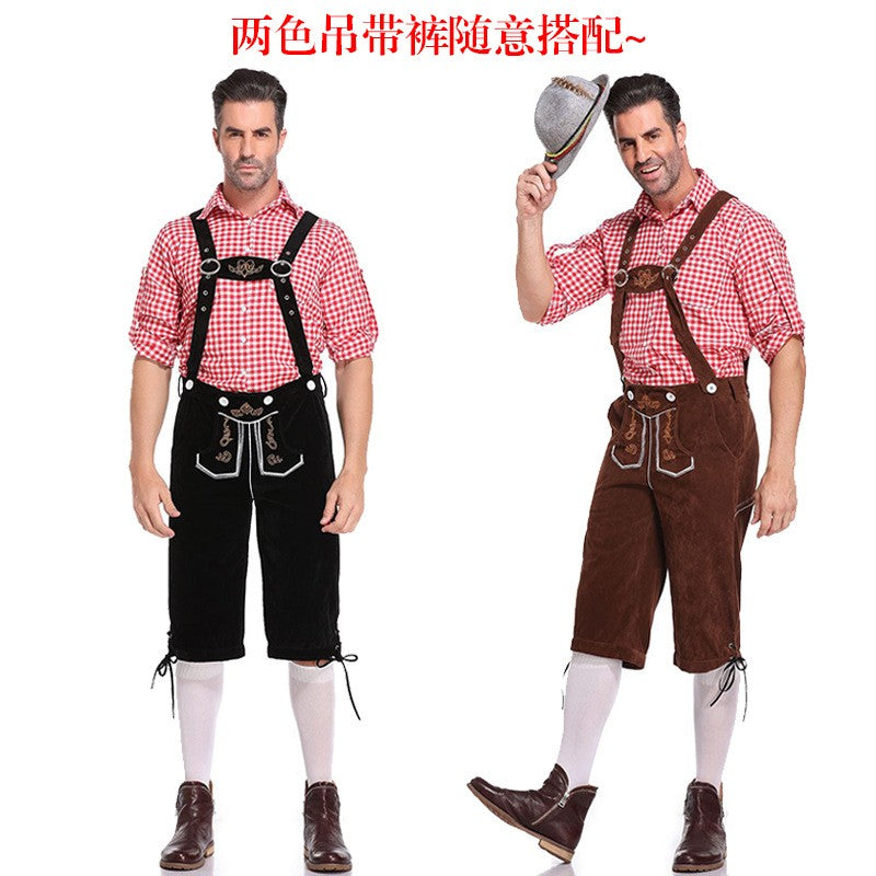 Germany Oktoberfest Costumes Adult Men Traditional Bavarian Beer Shorts Outfit Overalls Shirt Hat Suspenders Set Halloween Cloth