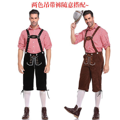 Germany Oktoberfest Costumes Adult Men Traditional Bavarian Beer Shorts Outfit Overalls Shirt Hat Suspenders Set Halloween Cloth