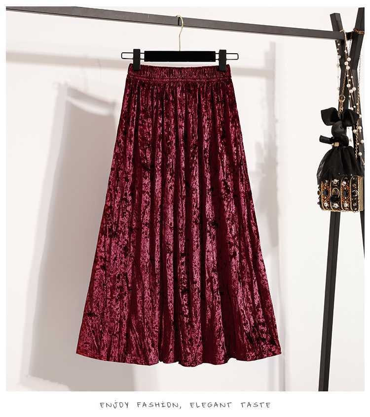 Plus Size Plus Size Women's Velvet Pleated A- Line Midi Skirt Autumn Winter Slimming Half-length Versatile Fashionable Commut...
