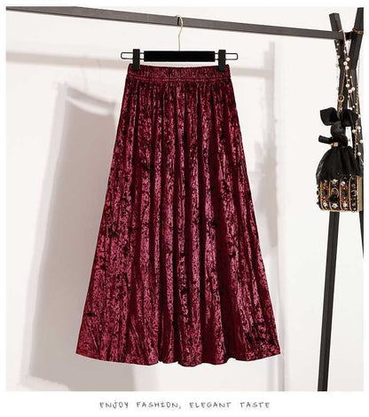 Plus Size Plus Size Women's Velvet Pleated A- Line Midi Skirt Autumn Winter Slimming Half-length Versatile Fashionable Commut...