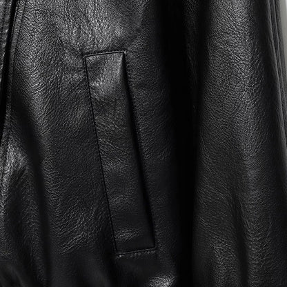 HXAO Faux Leather Jacket Coat Demi-Season Black Bomber Jacket Outerwears Long Sleeve Snap Button Cropped Motorcycle Jacket