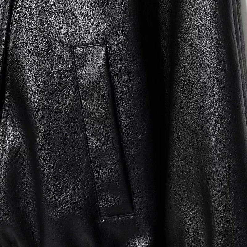 HXAO Faux Leather Jacket Coat Demi-Season Black Bomber Jacket Outerwears Long Sleeve Snap Button Cropped Motorcycle Jacket