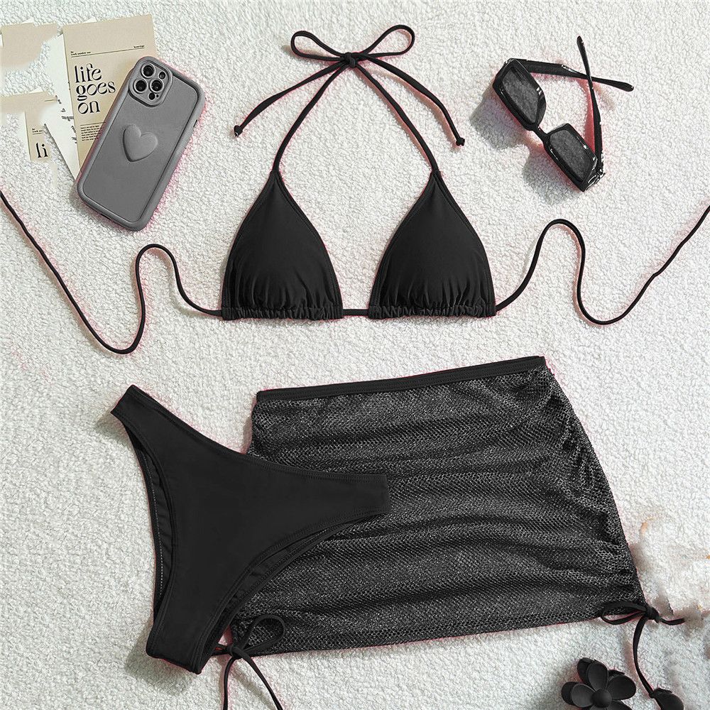Solid Brown Swimwears String Halter Triangle 3 Piece Bikini Set Sexy Swimsuit Women 2025 Mesh Skirts Bathing Suit Bikinis Dames