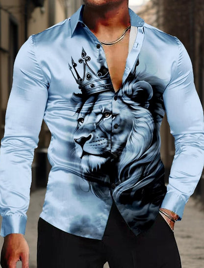 Lion King Casual Men's Shirt Satin Artificial Silk Formal Summer Spring Fall Turndown Long Sleeve 4-Way Stretch Fabric Shirt