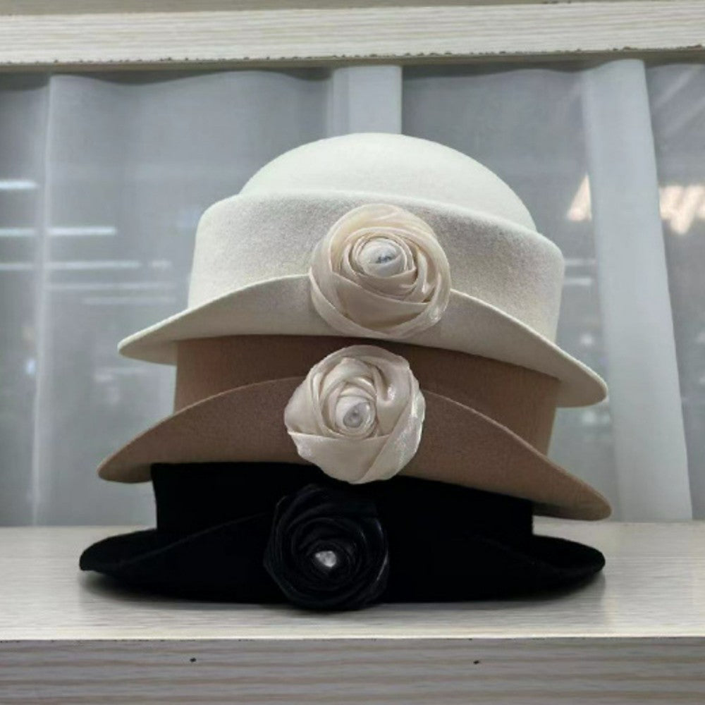 French light luxury Australian wool felt hat Hepburn style camellia flower small brim basin hat women elegant banquet top hat