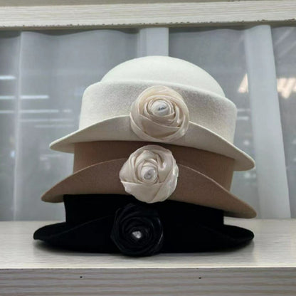 French light luxury Australian wool felt hat Hepburn style camellia flower small brim basin hat women elegant banquet top hat