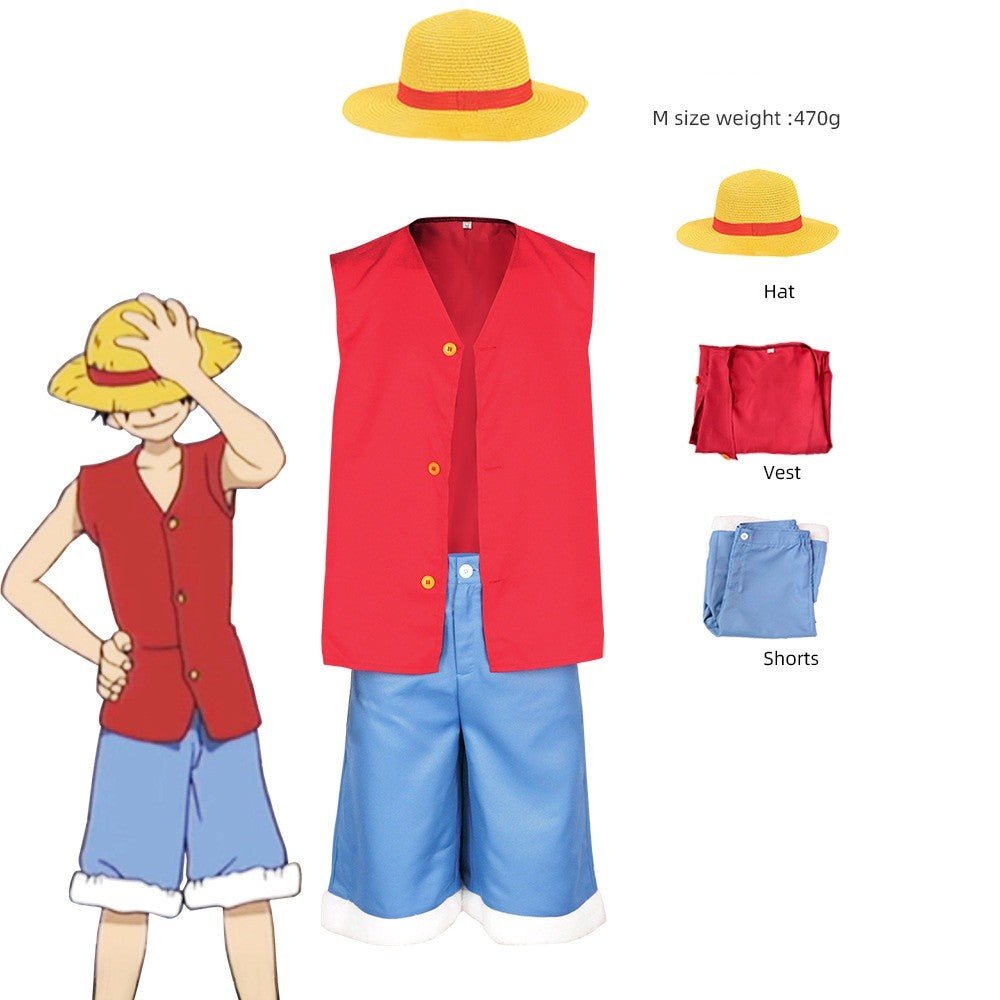 LUFEI cosplay costume set, pirate style red vest+blue shorts+straw hat, anime enthusiast cosplay event full outfit