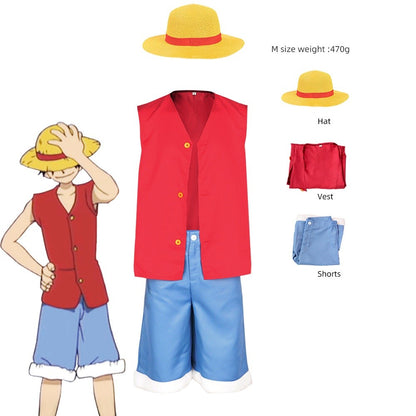 LUFEI cosplay costume set, pirate style red vest+blue shorts+straw hat, anime enthusiast cosplay event full outfit