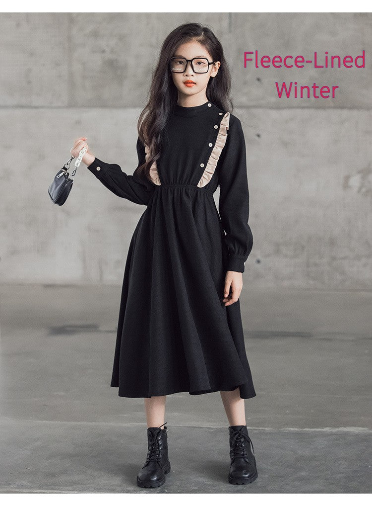 Girls' Dress New Style For  Children Stand Collar Waist-Cinching Slimming Mid-Length Dress Long Sleeve For Kids 5-12Y