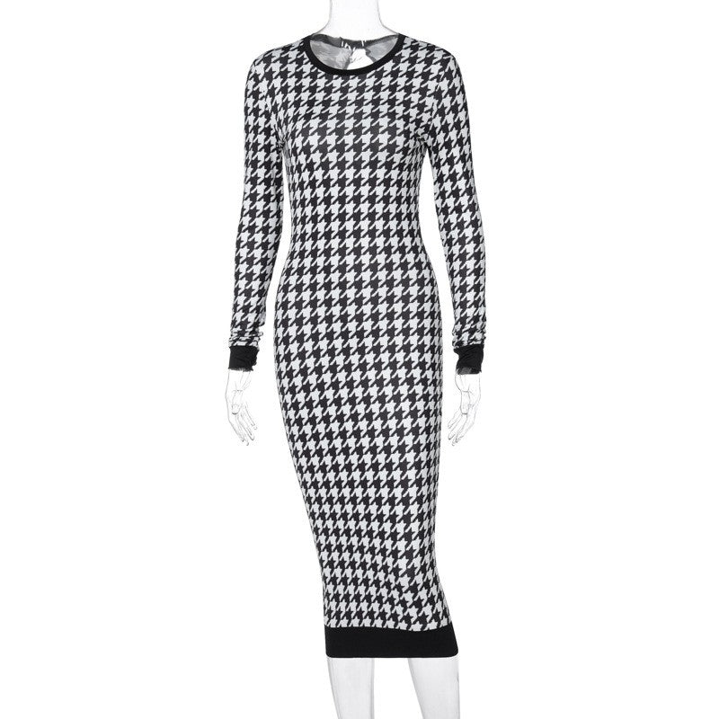 Houndstooth Print Women Long Sleeve Midi Dress Hollow Out Bodycon Sexy Streetwea