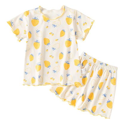 Girls Summer Pajama Sets Stylish Cartoon Pattern Printing Short Sleeve Top and Pants Made from Luxurious Cozy Ice Silk Material