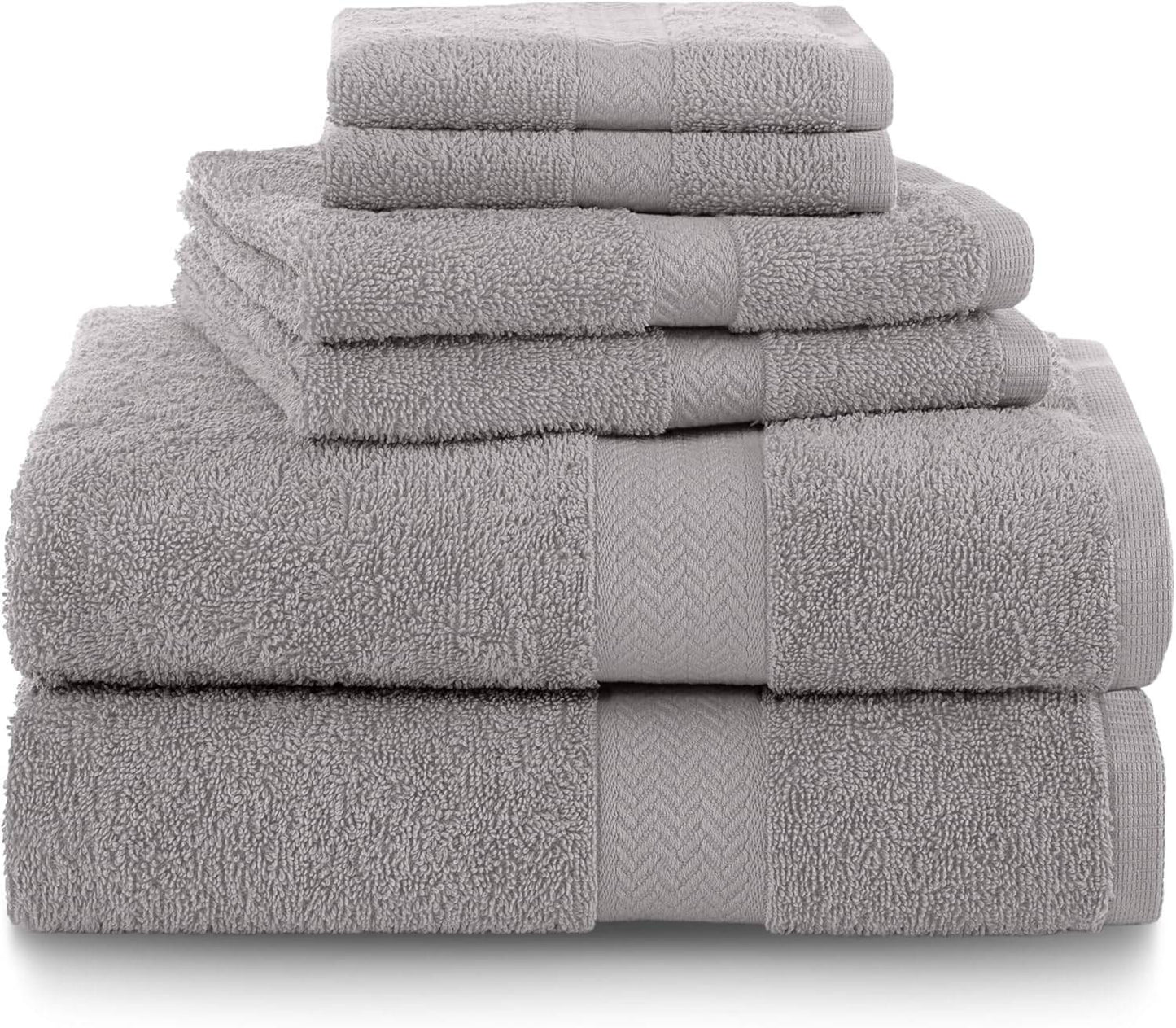 6-Piece Quick Dry Cotton Towel Set | Super Absorbent & Soft | 2 Bath, 2 Hand, 2 Wash Cloths in Silver
