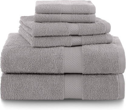 6-Piece Quick Dry Cotton Towel Set | Super Absorbent & Soft | 2 Bath, 2 Hand, 2 Wash Cloths in Silver