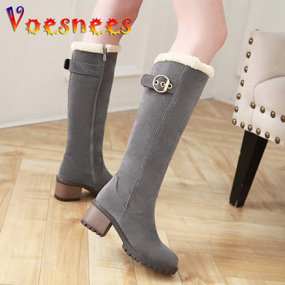 Women's Winter Warm Long Boots 2022 New Fashion Flock Knee-High Boots Exquisit College Style Plush Thick Soled Zip Female Shoes