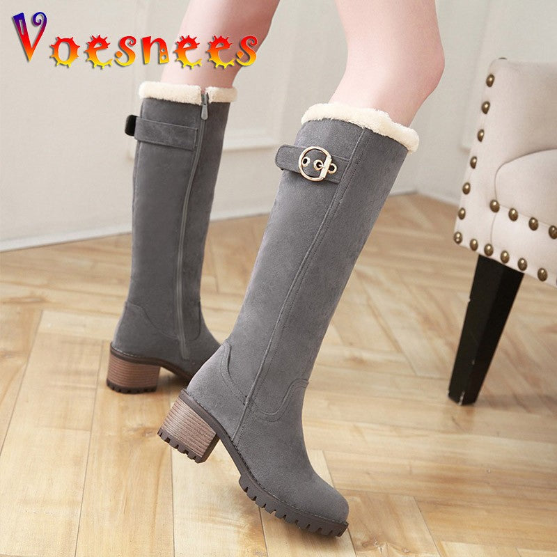 Women's Winter Warm Long Boots 2022 New Fashion Flock Knee-High Boots Exquisit College Style Plush Thick Soled Zip Female Shoes
