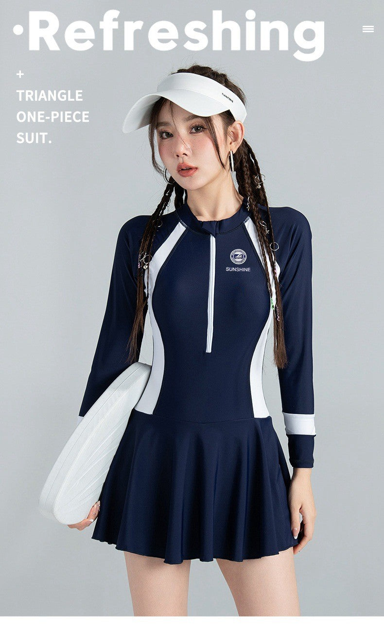 Black and White Color Matching One-piece Sports Small Chest Gathered To Cover The Belly Weight Swimming Sun Protection Swimsuit