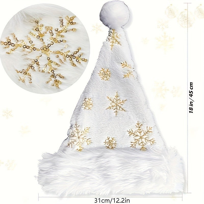Chapéu de Natal floco de neve branco, decoração de Natal, chapéu de Natal bordado dourado felpudo, fantasia de festival de Natal, sacola de presente