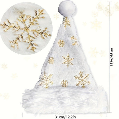 Chapéu de Natal floco de neve branco, decoração de Natal, chapéu de Natal bordado dourado felpudo, fantasia de festival de Natal, sacola de presente