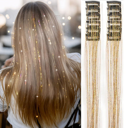 12 unidades/1 pacote 50 cm de extensões de cabelo sintéticas brilhantes, presilhas de cabelo cintilantes para trançar e enfeitar a cabeça de mulheres