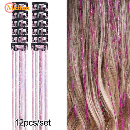 12 peças/conjunto de enfeites de cabelo com presilha, extensões de cabelo sintéticas brilhantes cintilantes, acessórios de cabelo para festa com efeito fada