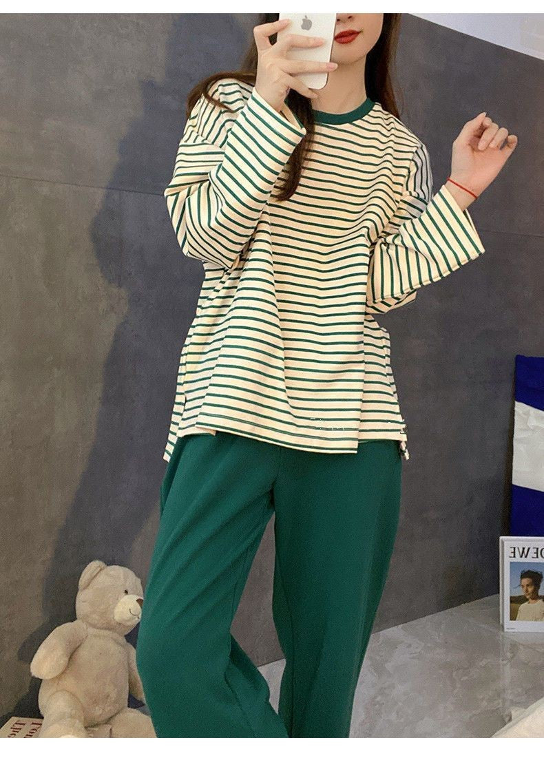 Women's Fall Pajamas with Chest Pads Striped Long Sleeve Plus Size O-Neck Simple Casual Fashion Korean School Pajamas Homewear