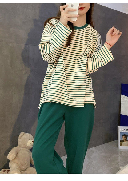 Women's Fall Pajamas with Chest Pads Striped Long Sleeve Plus Size O-Neck Simple Casual Fashion Korean School Pajamas Homewear