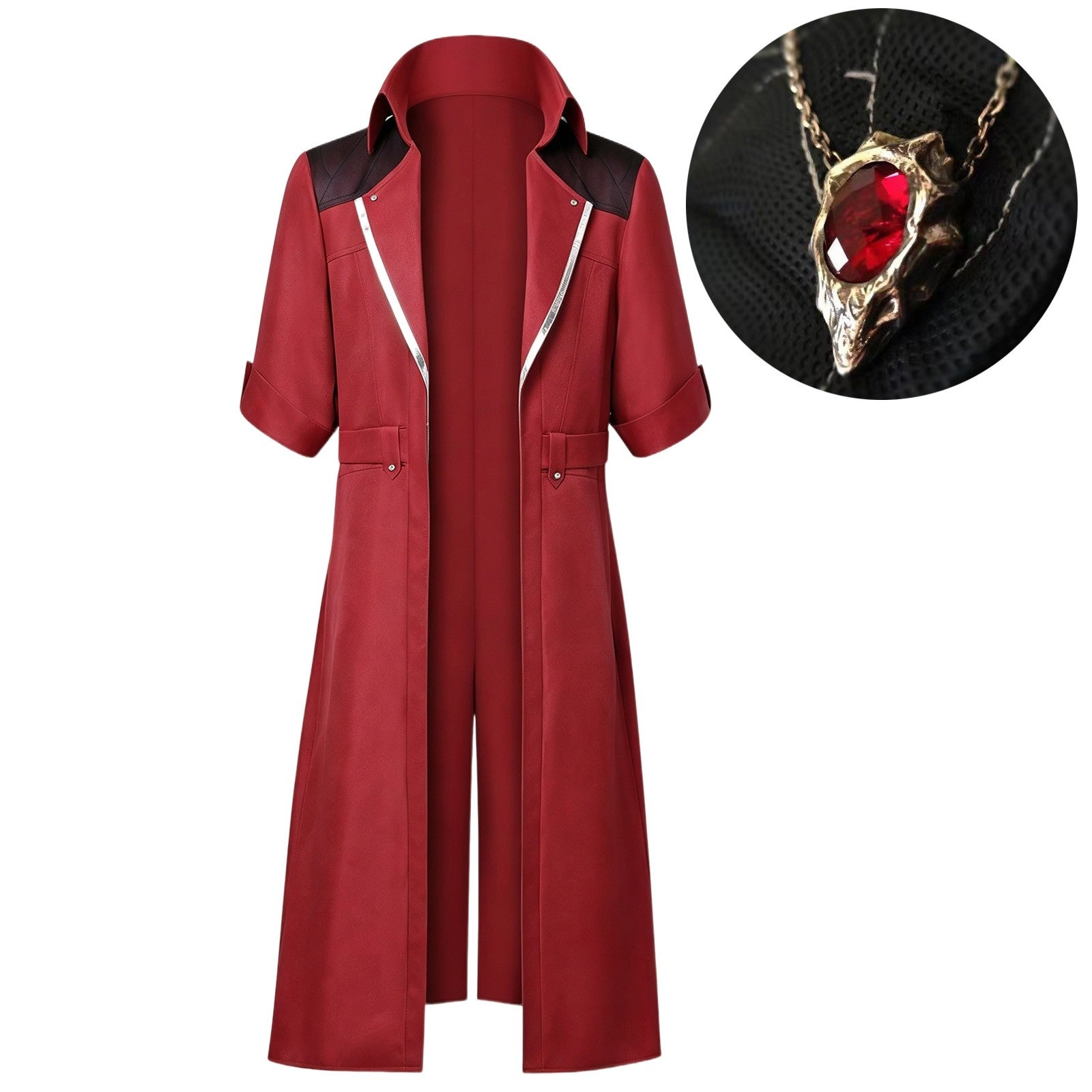Dante Cosplay Costumes Men's Uniform Red Long Poncho Jacket Set Ruby Pendant Necklace Roleplay Prop Outfits Halloween Carnival