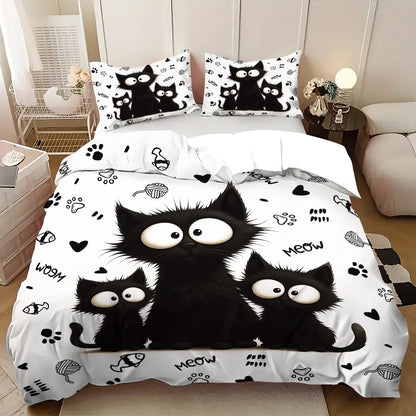 3pc Black Cat Printed Bedding Set with Coreless, Soft and Comfortable Multi Size Machine Washable 1 Duvet Cover+2 Pillowcases