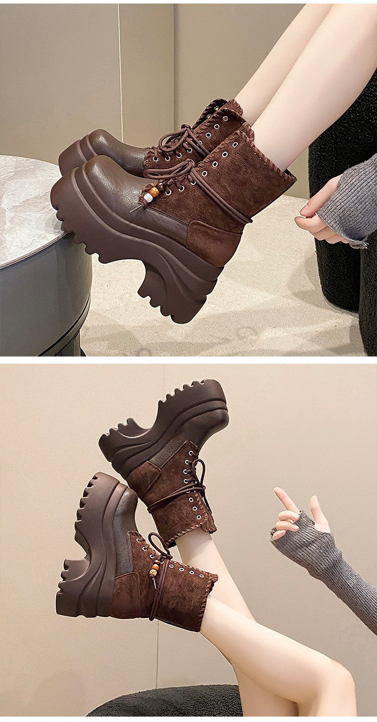 High Platform Women Motorcycle Boots 9CM Wedge Heels Walking Ankle Shoes New 2025 Autumn Winter Lace-up Modern Short Booties