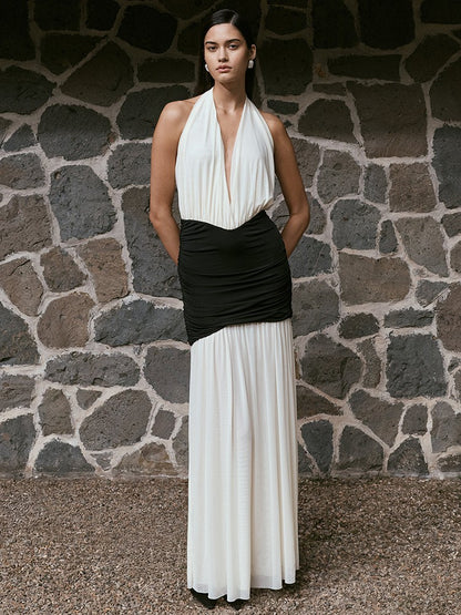 Mozision Patchwork Halter Backless Sexy Maxi Dress Women Gown Elegant Deep V Neck Sleeveless High Waist Bodycon Club Party Dress