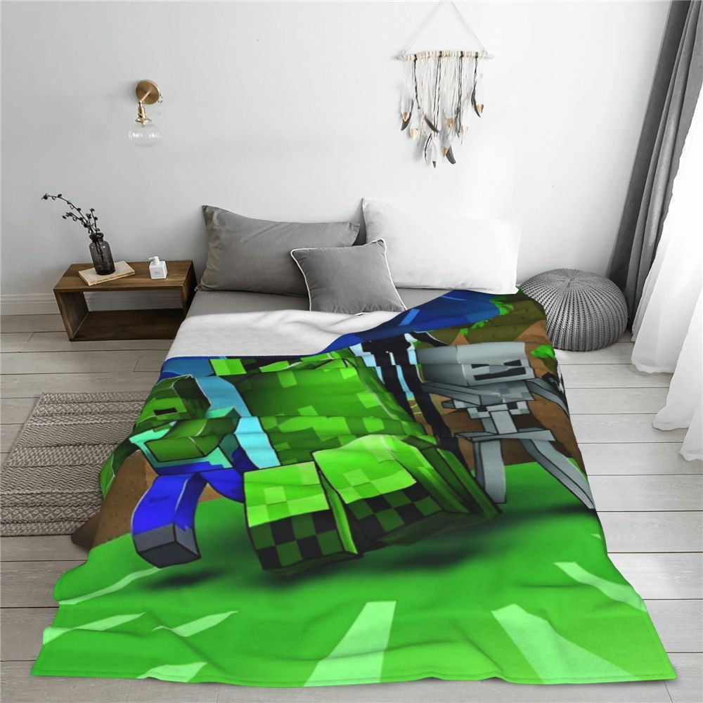 Cartoon Mines Pixel Game Crafts Flannel Blanket Super Warm Throw Blanket for Home Decor Decorative Street Trend Bedspread