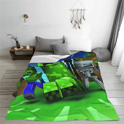Cartoon Mines Pixel Game Crafts Flannel Blanket Super Warm Throw Blanket for Home Decor Decorative Street Trend Bedspread