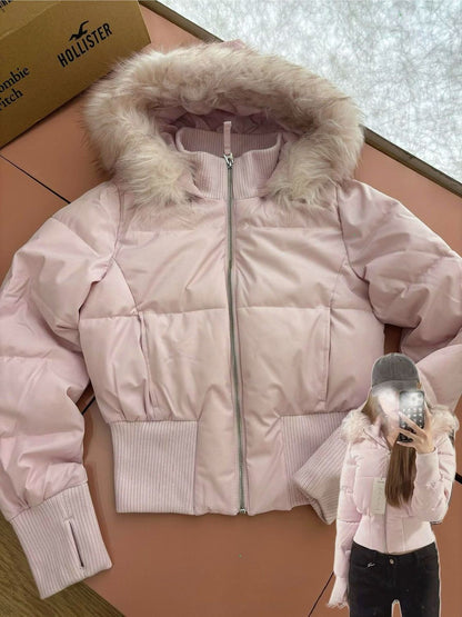 Fashion Women's Cotton Jacket Fur Collar Zipper Slim Waist Pocket Warm Thicken Coat Autumn Winter Hooded Jacket Lady Outwears